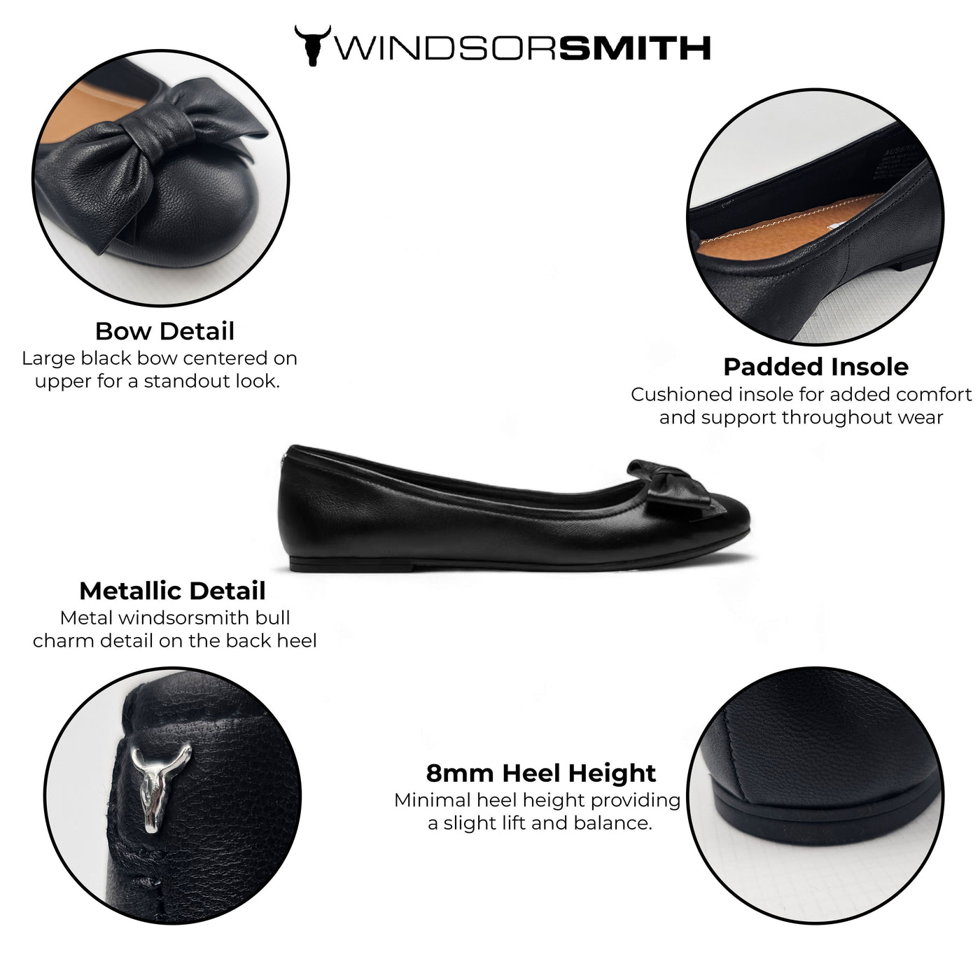 Windsorsmith Black Leather Flat Shoes With Bow - Bunny