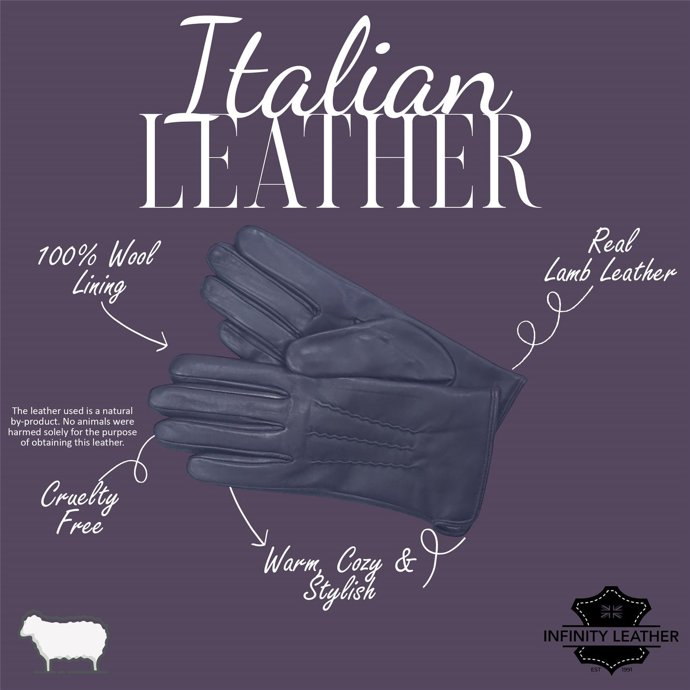 Womens Italian Leather Winter Stitch Line Design Soft Wool Lining Gloves - L-GLV-301