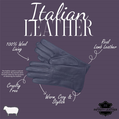 Womens Italian Leather Winter Stitch Line Design Soft Wool Lining Gloves - L-GLV-301