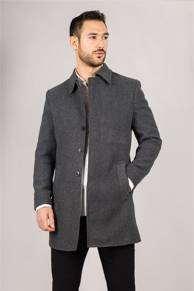 Men's Wool Blend Classic Collar Grey Overcoat