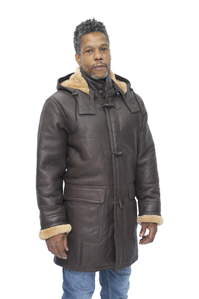 Mens Sheepskin Leather Hooded Duffle Coat-Hanko