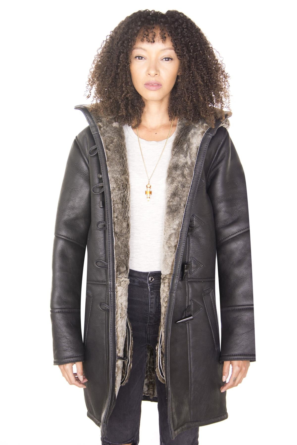 Womens Black Shearling Hooded Duffle Coat-Royston