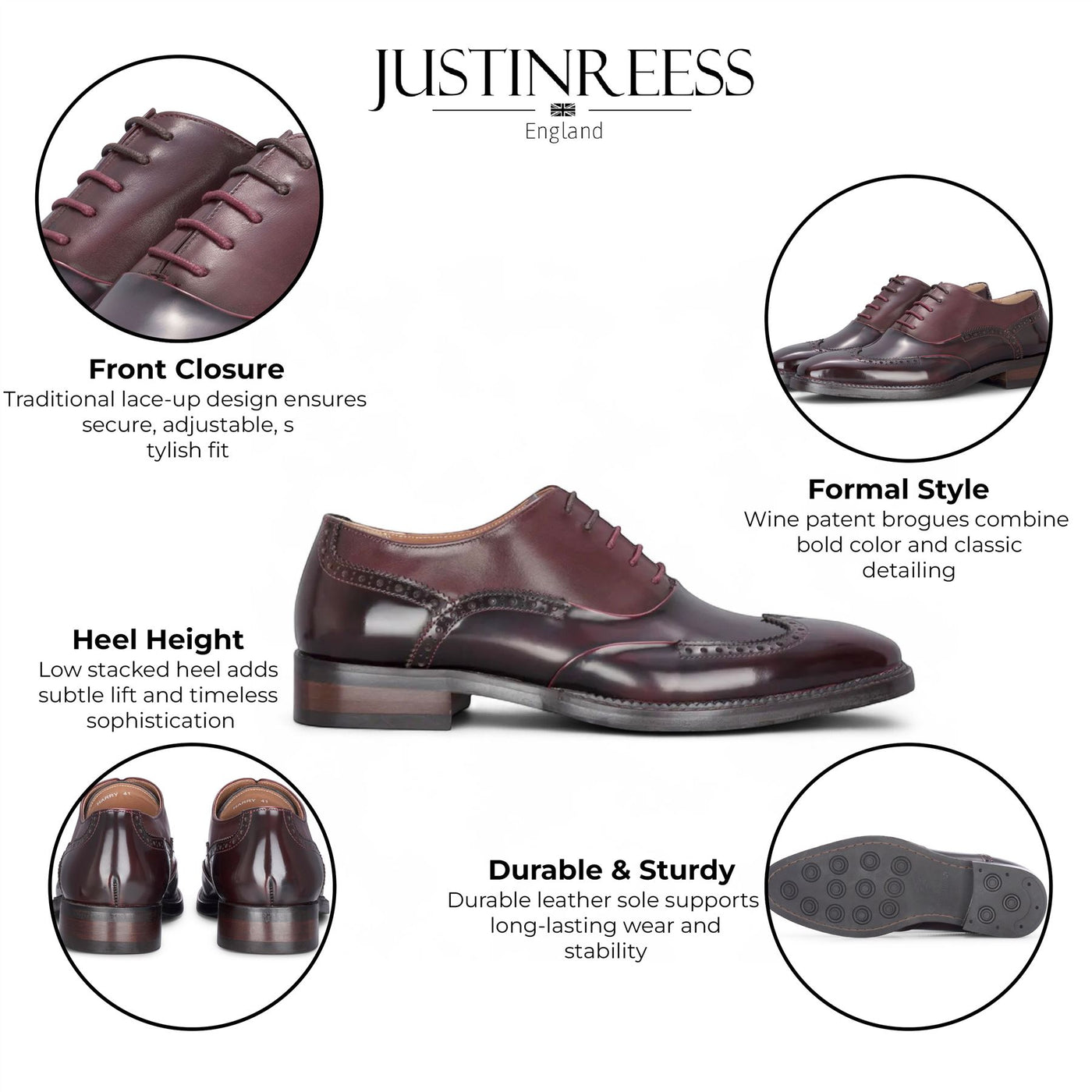 Justin Reess Men's Wine Patent Leather Brogue Formal Shoes - Harry
