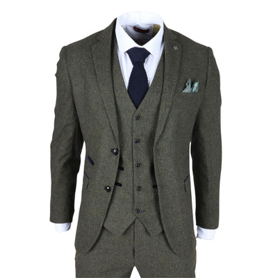 Men's Olive Green Wool Blend Tweed Formal Suit