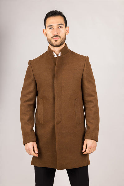 Men's Brown Stand Collar Wool Blend Overcoat