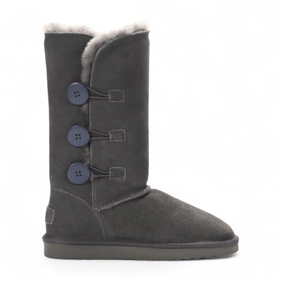 Women's Sheepskin Suede Grey Button Warm Winter Calf Boots - Willow