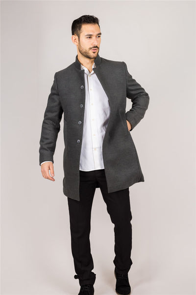 Men's Grey Stand Collar Wool Blend Overcoat