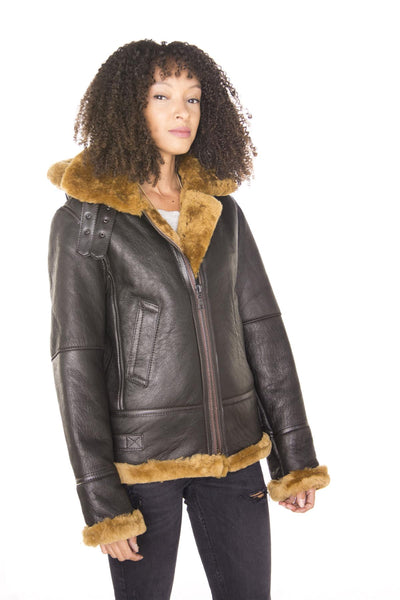 Womens Hooded Sheepskin Flying Leather Jacket-Palermo