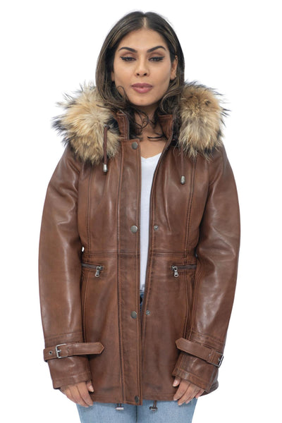 Womens Leather Hooded Parka Jacket-Putian
