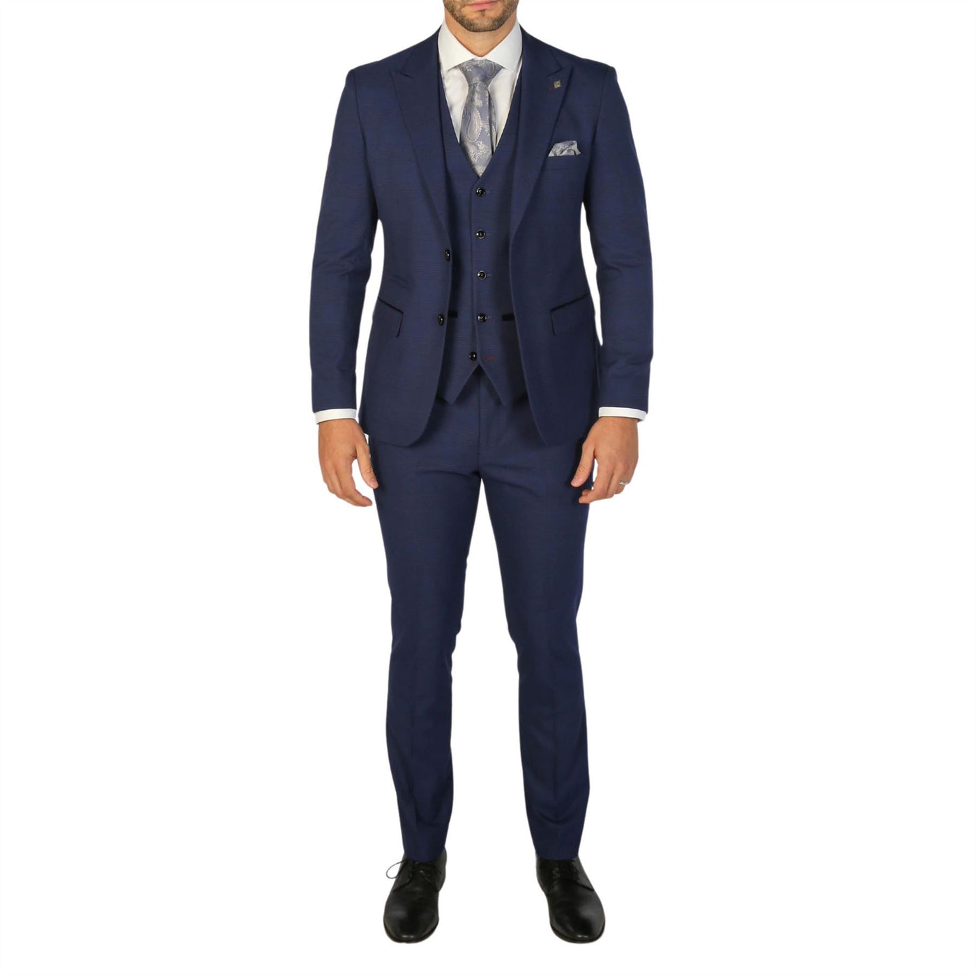 Men's Navy Checked 3 Piece Suit Tailored Fit Suit Formal Wedding