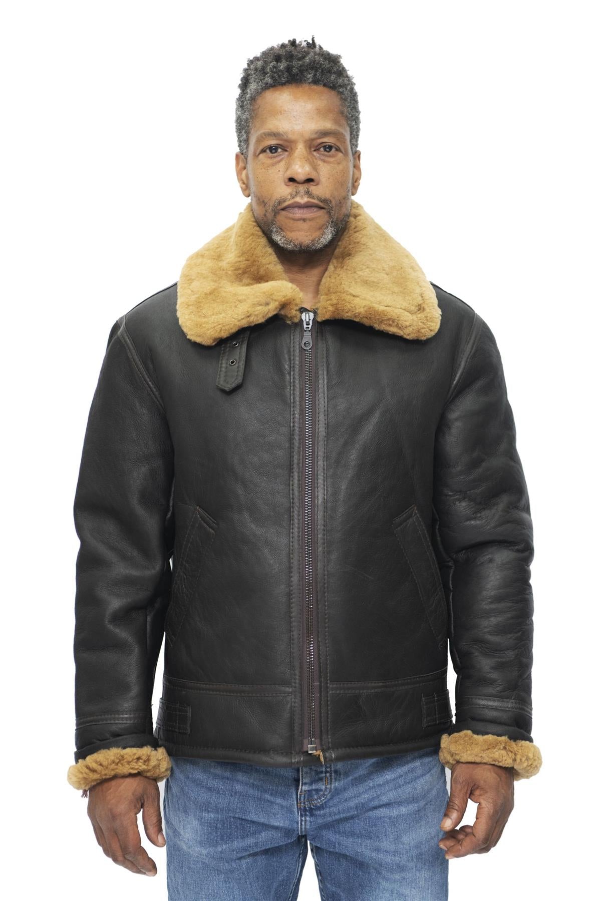 Mens B3 WW2 Leather Sheepskin Aviator Flying Jacket-Hartland