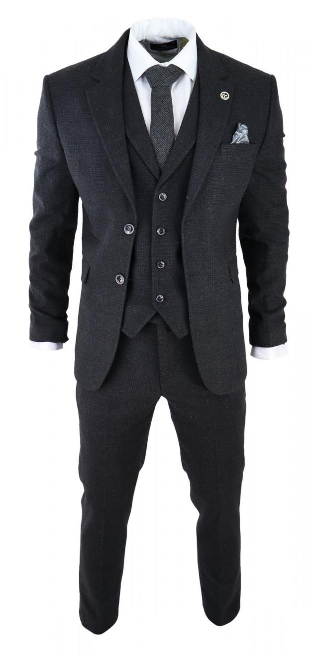 Mens Black 3 Piece Tweed Suit Peaky Blinders 1920s Gatsby Classic Tailored Fit