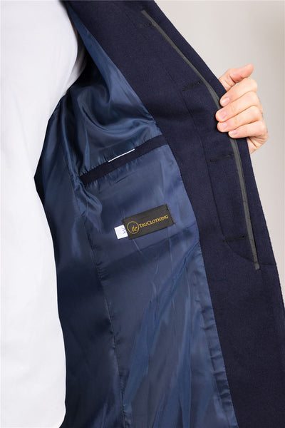 Men's Navy Stand Collar Wool Blend Overcoat