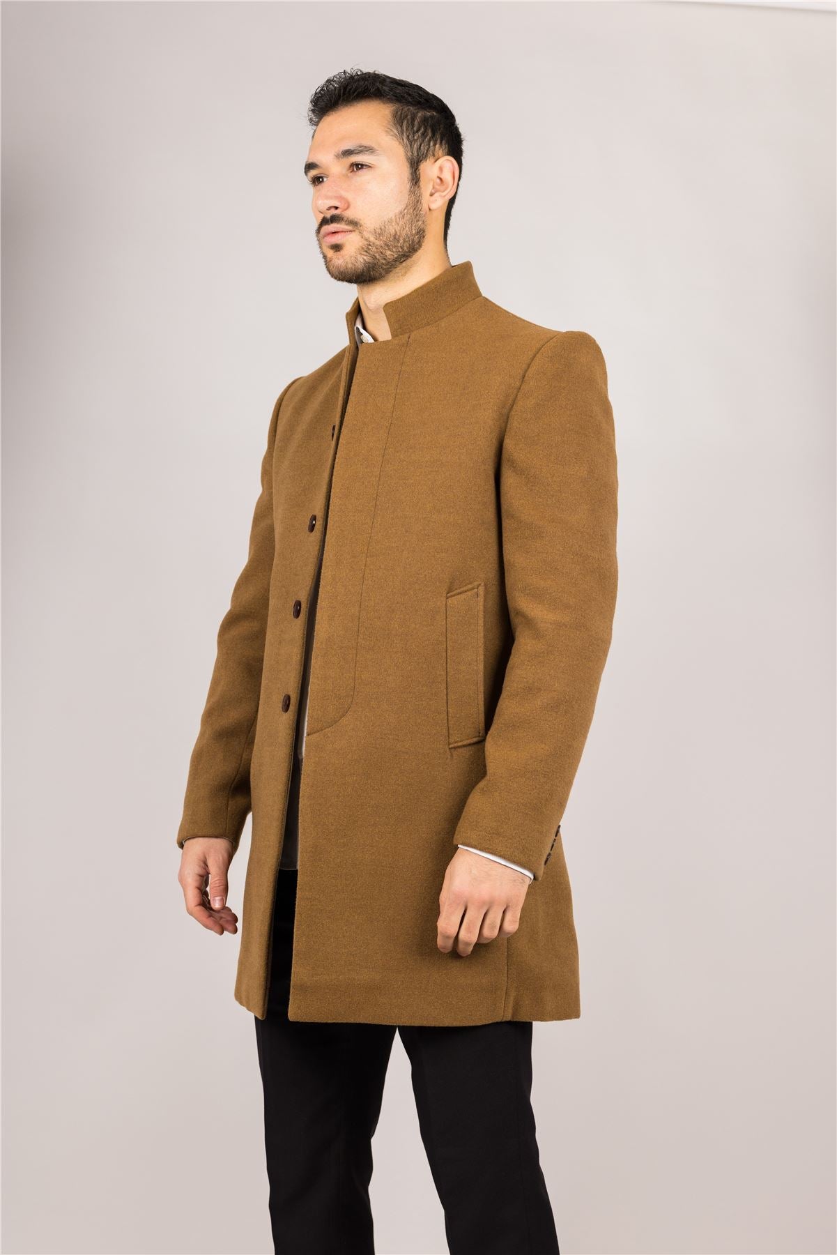 Men's Tan Stand Collar Wool Blend Overcoat
