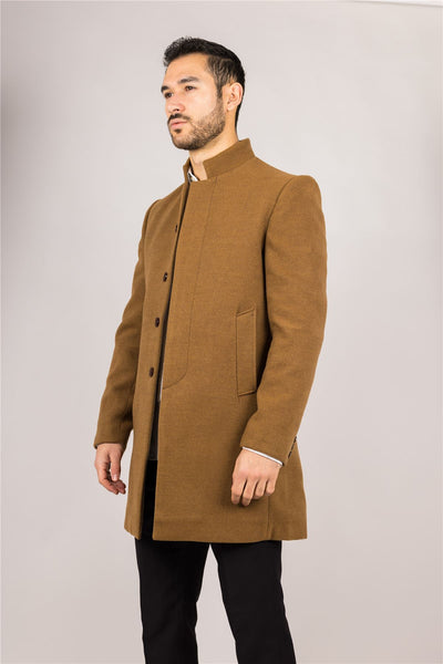 Men's Tan Stand Collar Wool Blend Overcoat