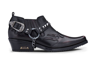 Men’S Black Leather Winklepicker Studded Western Biker Boots