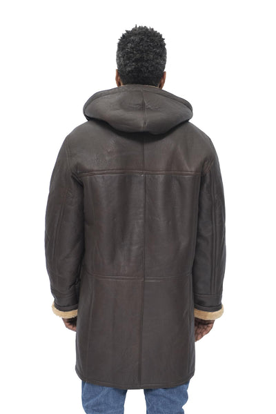 Mens Sheepskin Leather Hooded Duffle Coat-Hanko