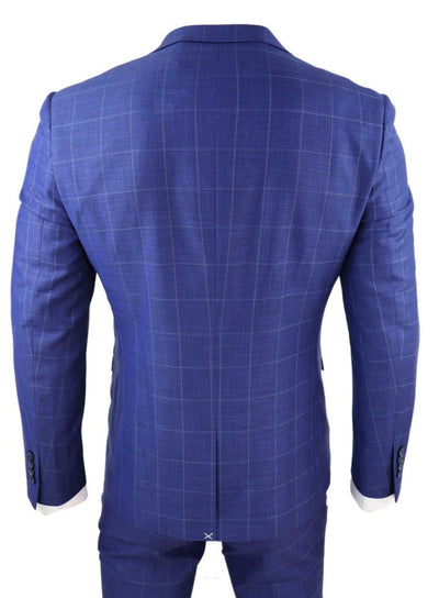 Mens 3 Piece Royal Blue Check Vintage Retro Suit