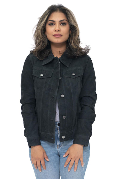 Womens Goat Suede Trucker Jeans Jacket-Astoria