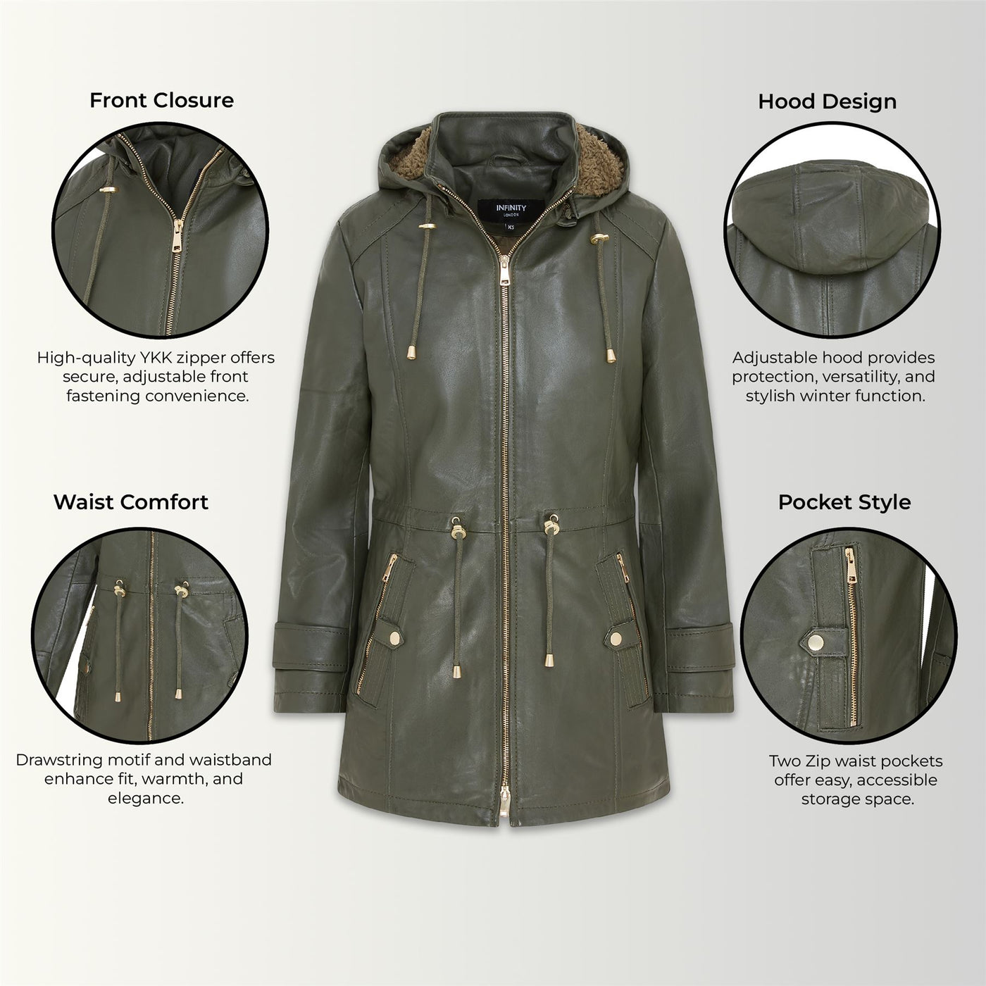 Women's Leather Parka Detachable Borg Hooded Trench Coat - Trekker