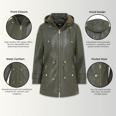 Women's Leather Parka Detachable Borg Hooded Trench Coat - Trekker