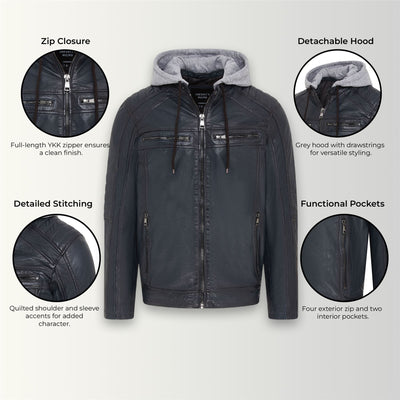 Men's Hooded Biker Lamb Leather Jacket - Burten