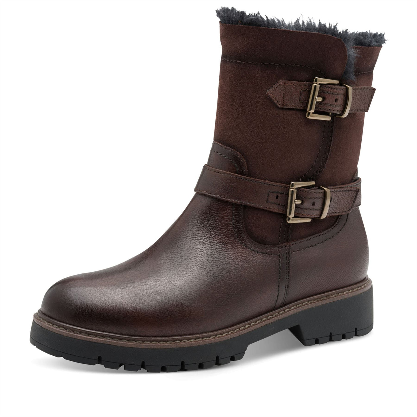 Tamaris Womens Winter Mocca Brown Leather Buckle Zip Biker Ankle Boots
