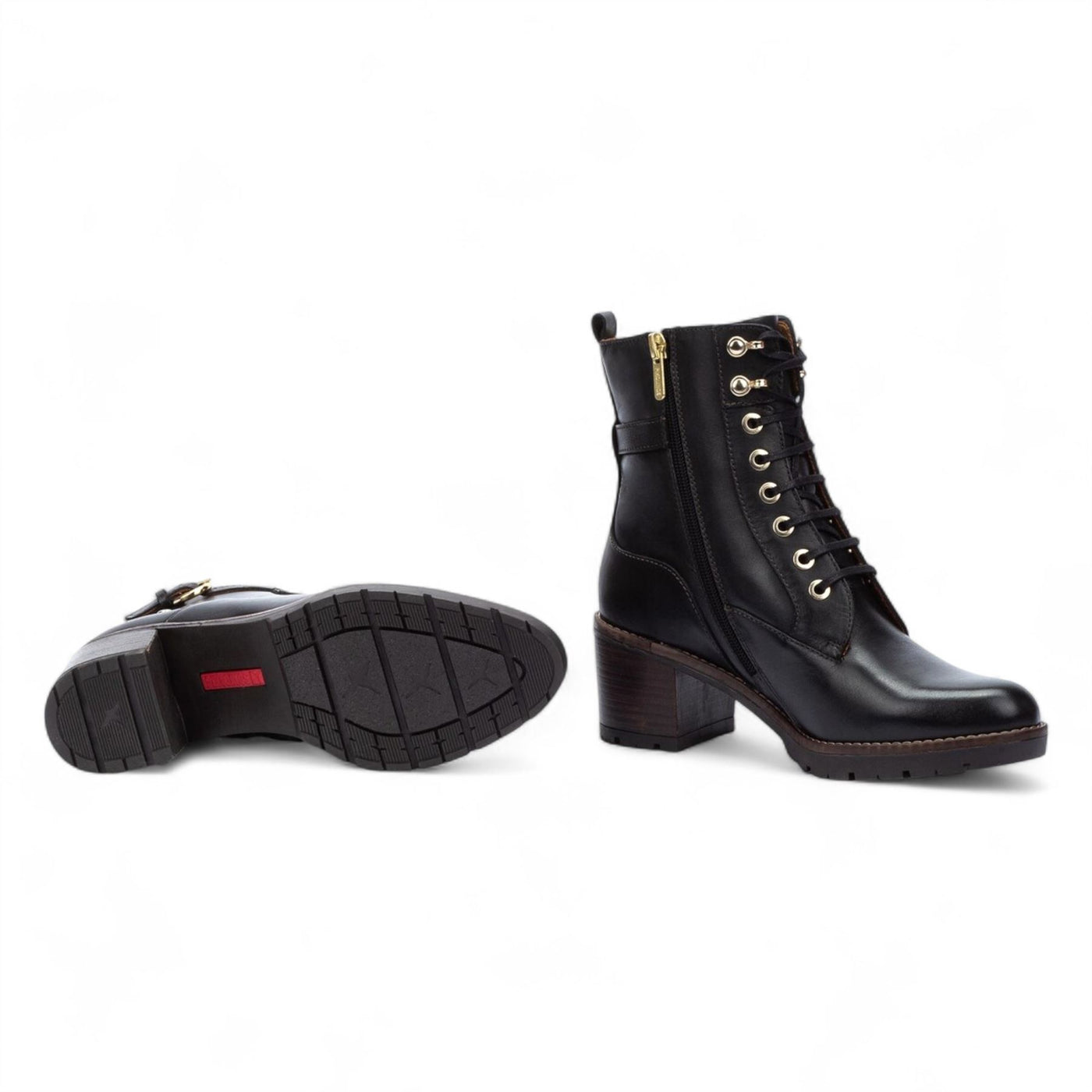 Pikolinos Women’s Black Leather Mid-Heel Combat Ankle Boots - Llanes