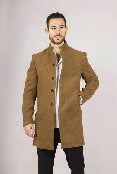 Men's Tan Stand Collar Wool Blend Overcoat