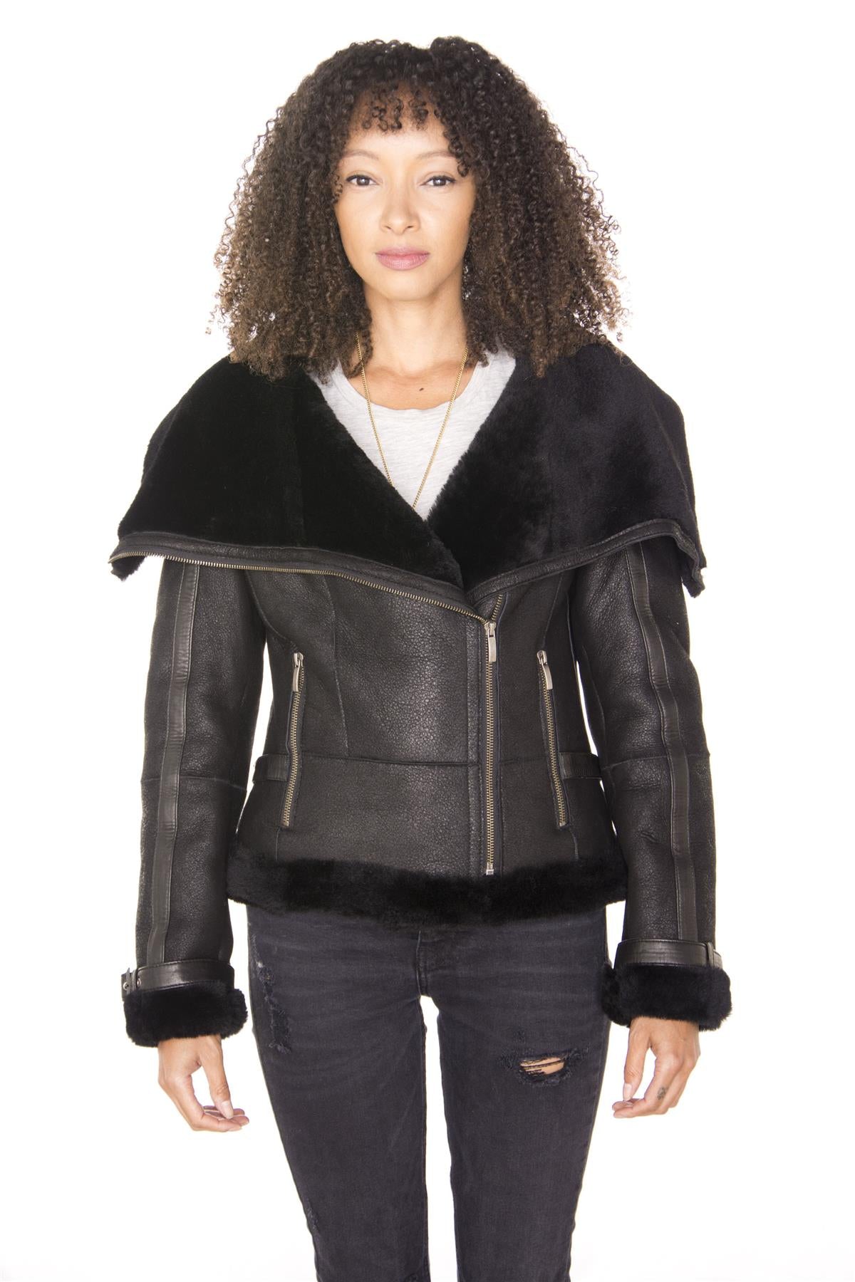 Womens Merino Sheepskin Aviator Leather Jacket-Asmara