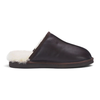 Men's Brown Genuine Lamb Leather Slippers Real Fur Mule Winter Slippers - Highland