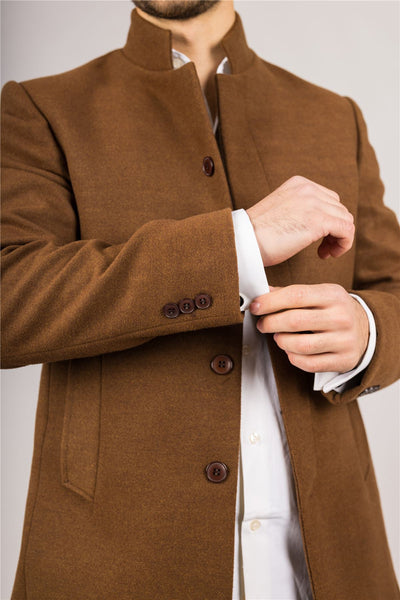 Men's Brown Stand Collar Wool Blend Overcoat
