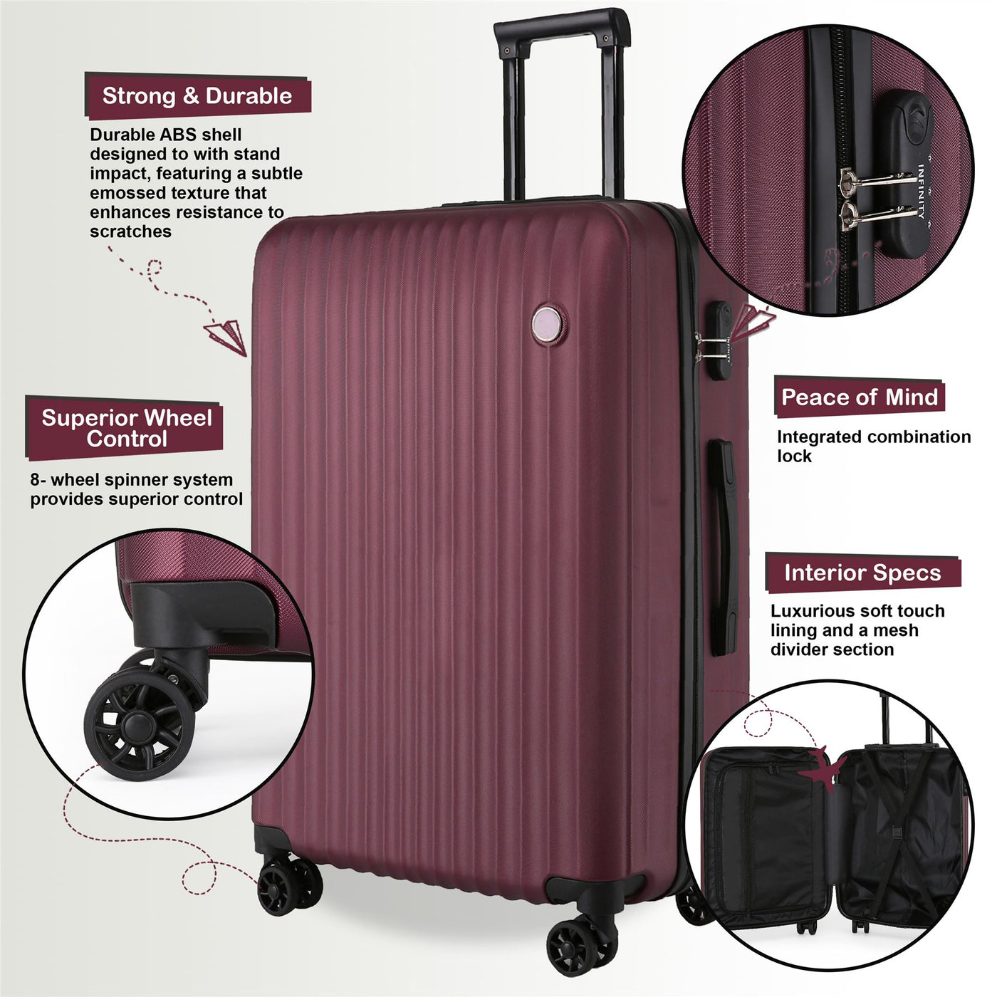 ABS Hard Shell Burgundy Suitcase Luggage Set Travel Carry on Cabin Bag