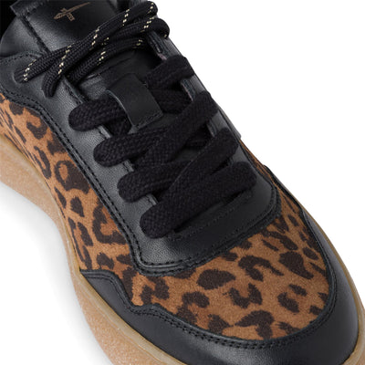 Tamaris Womens Leopard Black Leather Fashion Stripe Lace Up Sneakers