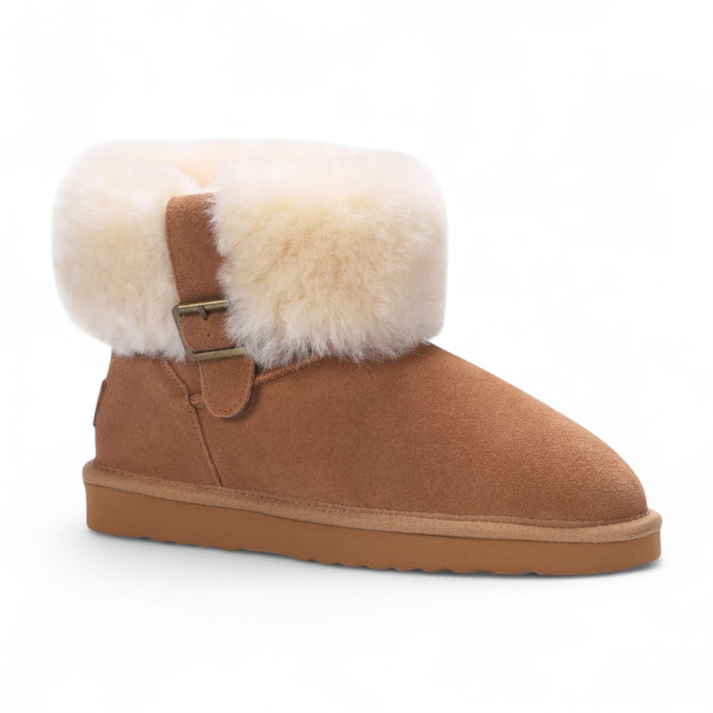 Women's Genuine Sheepskin Tan Suede Ankle Bootie Winter Boots - Granite