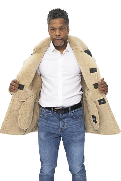 Mens Double Breasted Shearling Sheepskin Pea Coat-Kington