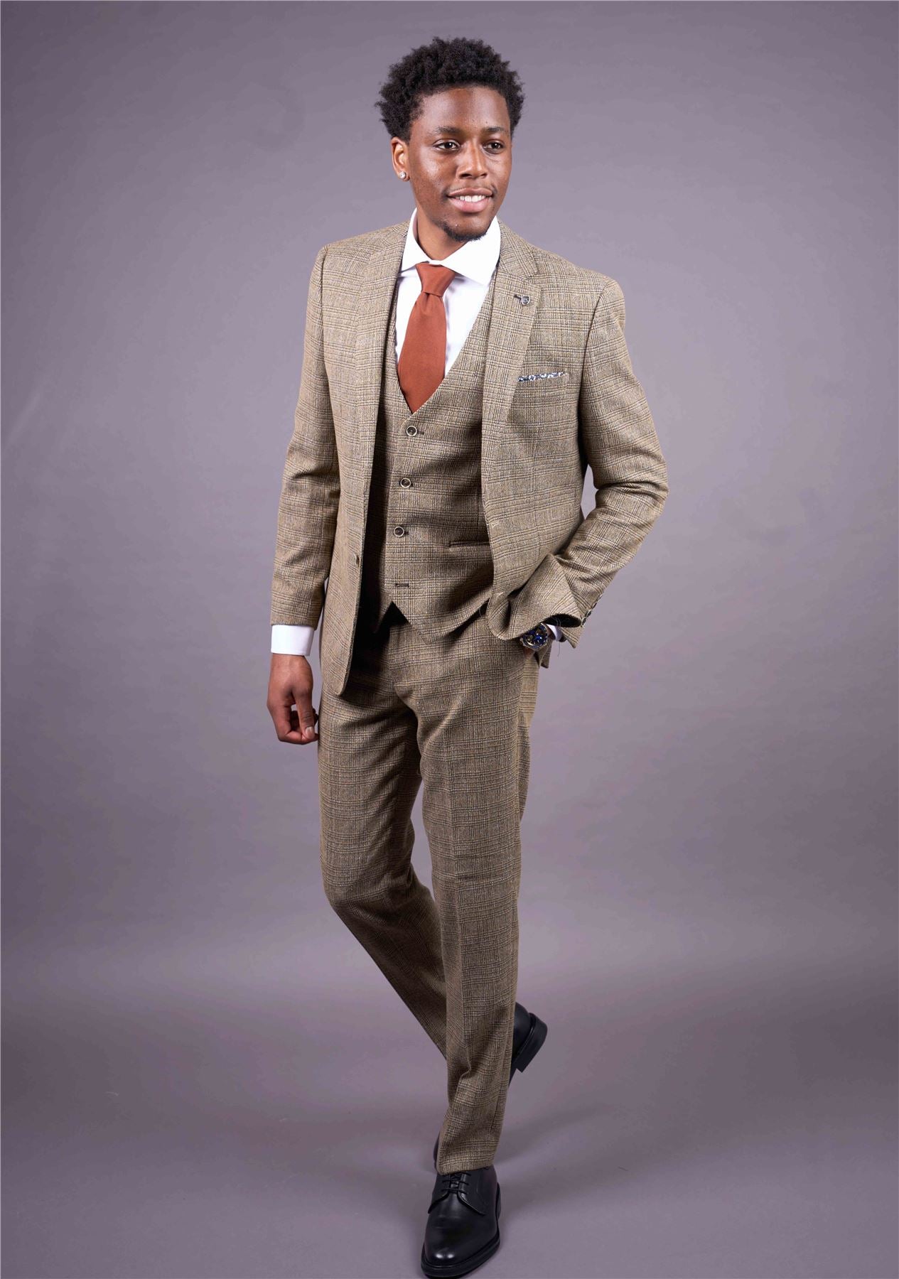Men's 3-Piece Brown Classic Check Suit Slim Fit Plaid Formal Party Suit