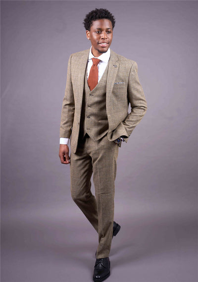Men's 3-Piece Brown Classic Check Suit Slim Fit Plaid Formal Party Suit