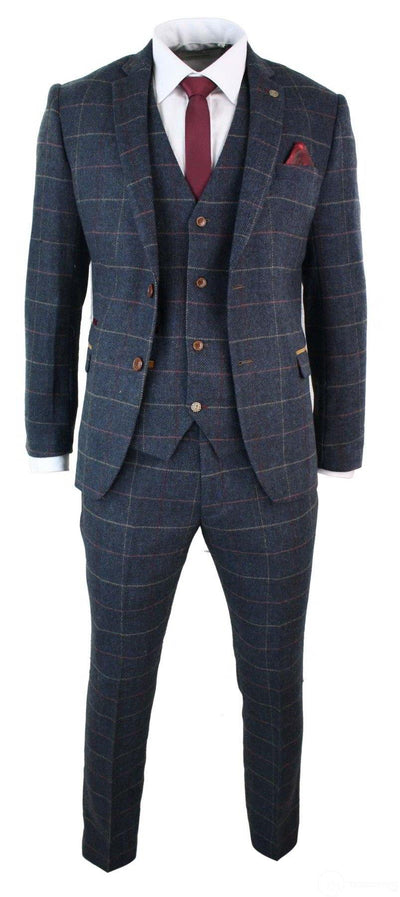 Mens 3 Piece Navy Blue Herringbone Check Vintage Suit