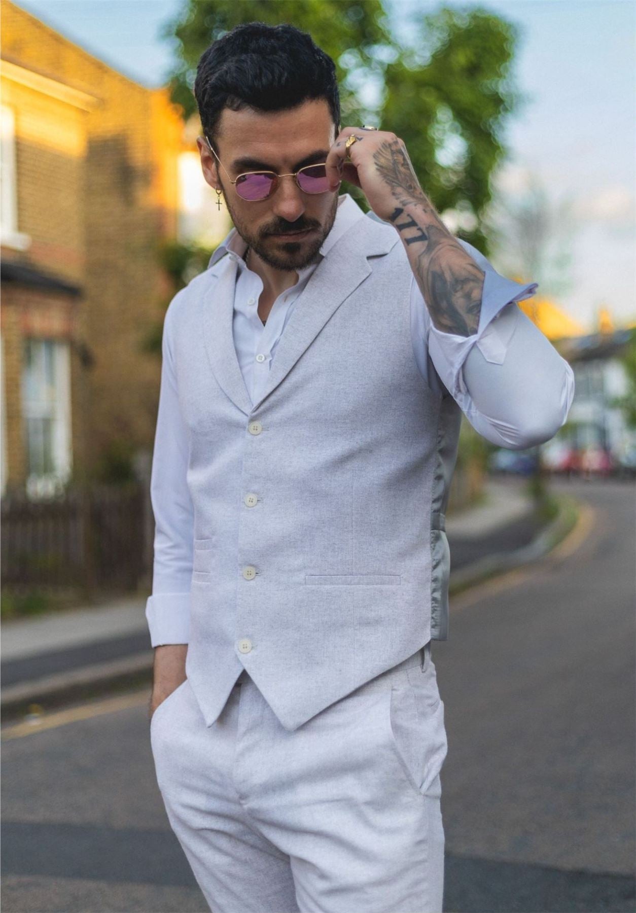 Men's Summer 2 Piece Suit Linen Formal Grey Waistcoat Trousers