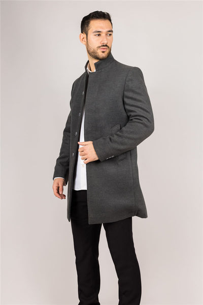 Men's Grey Stand Collar Wool Blend Overcoat