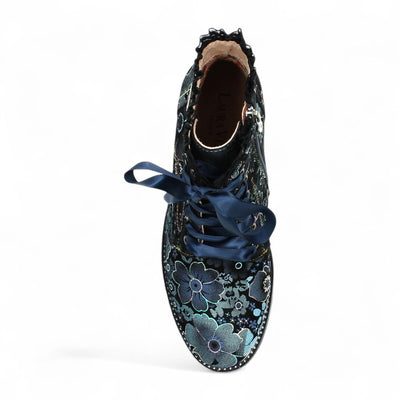 Laura Vita Emcmao-45 Blue Floral Womens Gothic Victorian Leather Ankle Heeled Boots