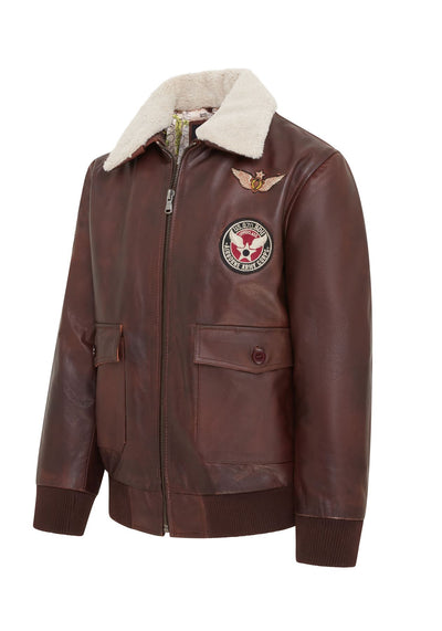 Mens Brown Cowhide Leather Aviator Bomber Jacket - Akhiok