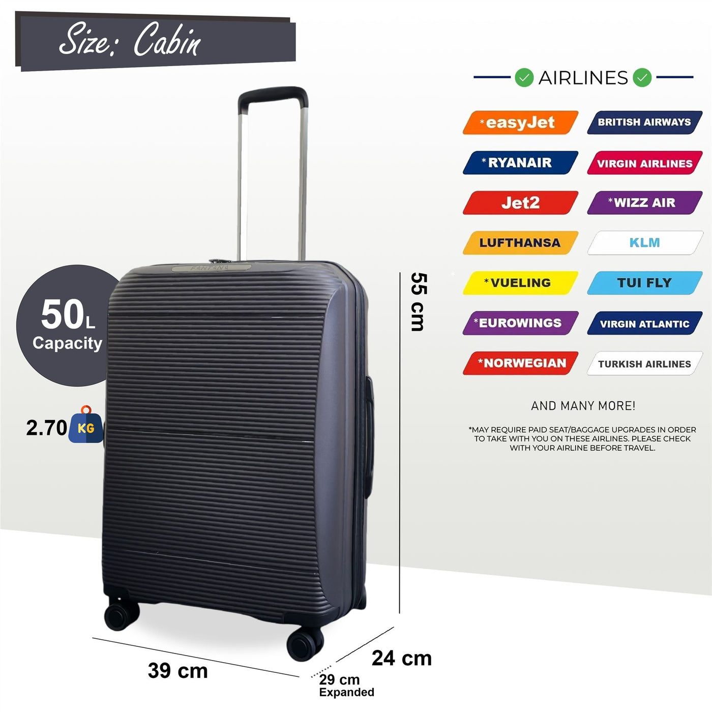 Expandable Strong ABS Hardshell Cabin Suitcase 55 x 39 x 24 cm Luggage Suitable for Easyjet, Ryanair