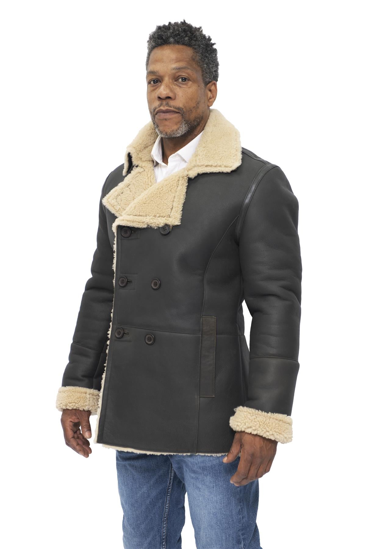 Mens Double Breasted Shearling Sheepskin Pea Coat-Kington