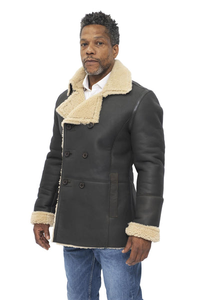 Mens Double Breasted Shearling Sheepskin Pea Coat-Kington