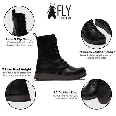 Fly London Womens Black RAMI043 Casual Leather Lace-up Ankle Dress Boots