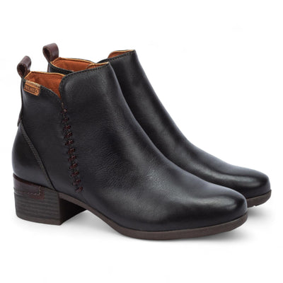 Women's Pikolinos Malaga Black Leather Ankle Bootie Zip Mid-Heel Everyday Boots