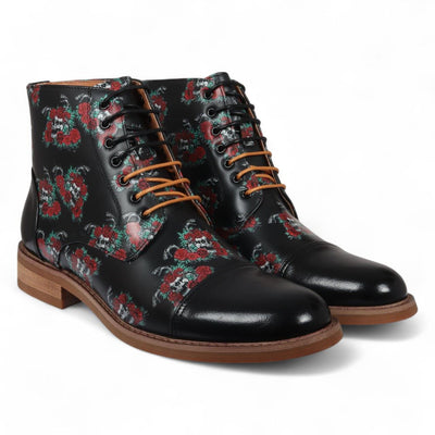 Justin Reess Men's Black Floral Leather Oxford Ankle Boots - Adam Skull