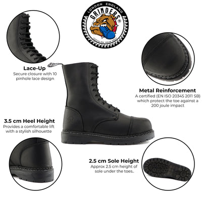 Grinders Unisex Black Leather Steel Toe Cap Lace Up Boots - Stag ACS